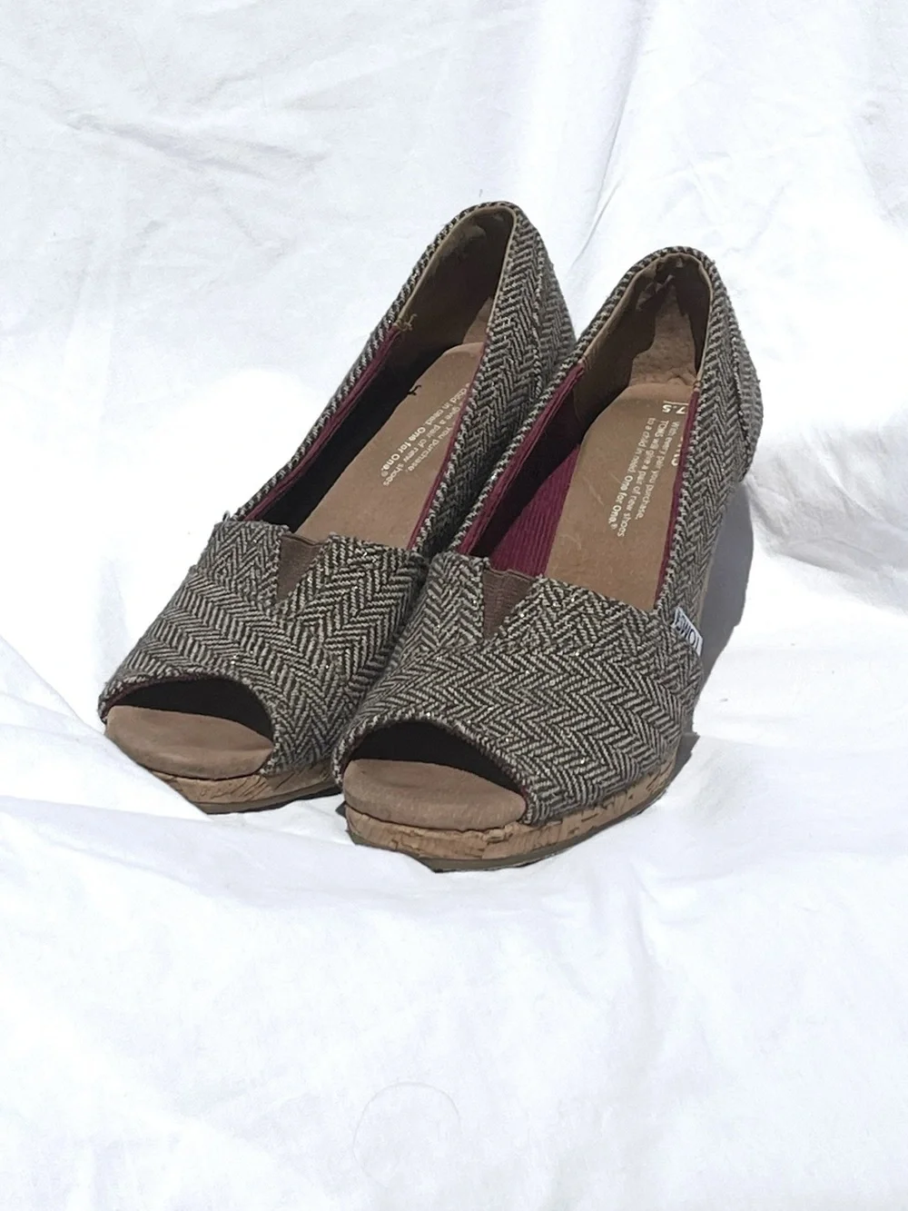TOMS Cork Wedge Heels Womens 7.5 Brown Herringbone Tweed Peep Toe 380813